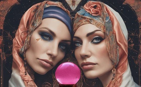 Deux femmes qui veulent lire leur avenir dans une boule de cristal